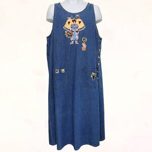 The Quacker Factory Blue Denim Whimsical Gardener Theme Maxi Jumper Dress Sz 1X